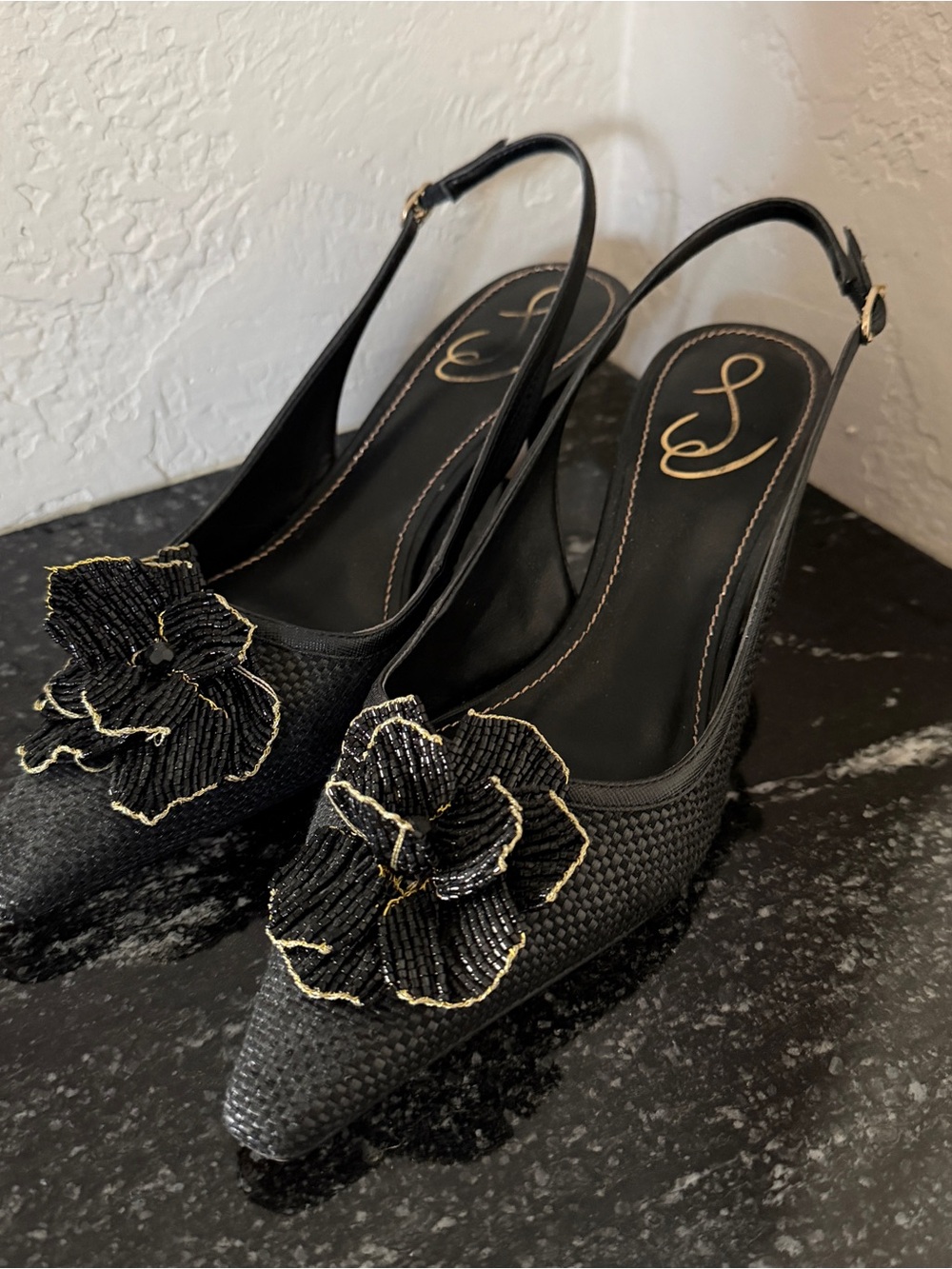 Sam Edelman Bianka Flora flower appliqué kitten heel sling backs